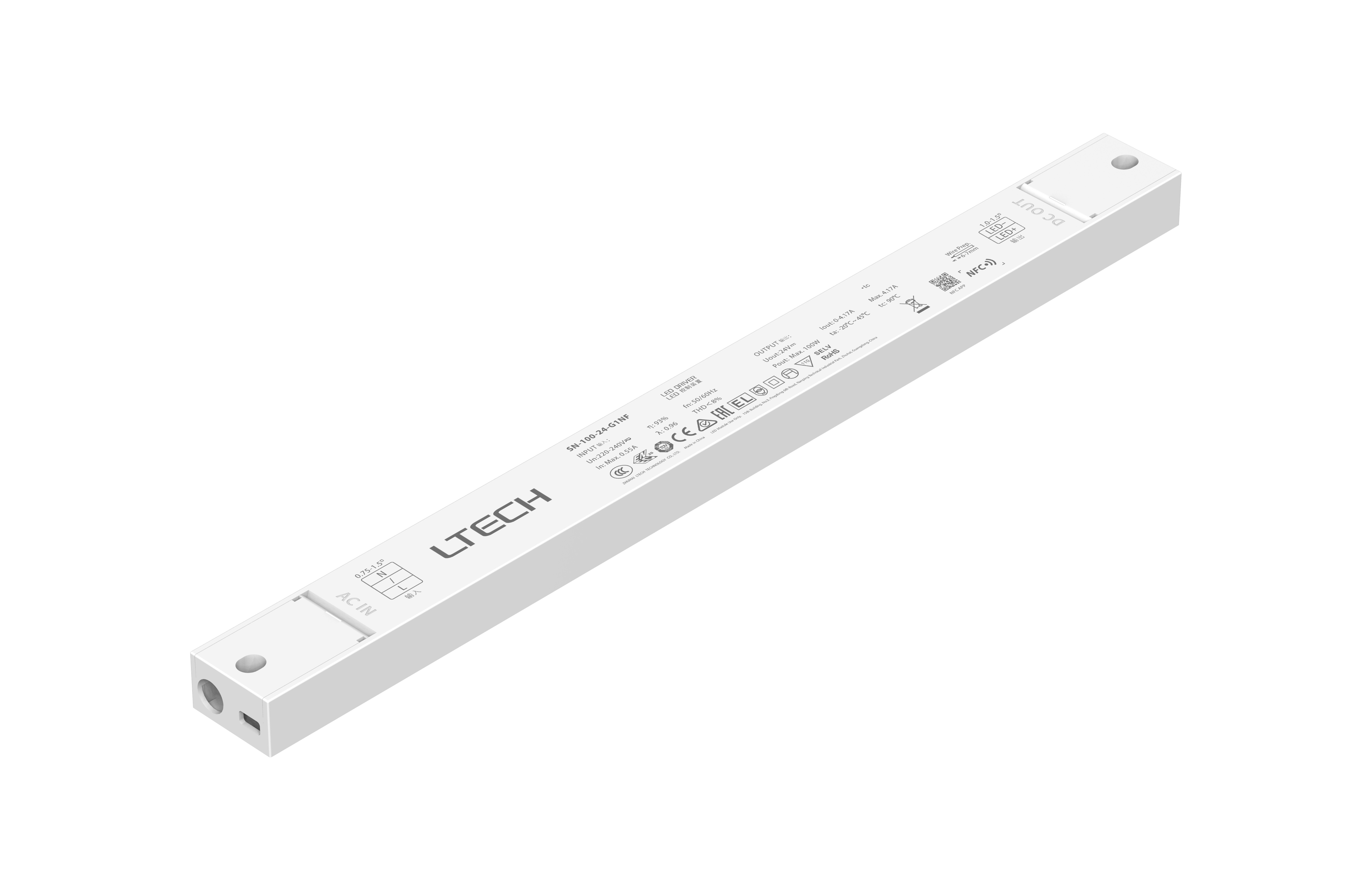 SN-100-24-G1NF-NFC  Intelligent Constant Current NFC ON/OFF LED Driver;  100W; 24VDC 4.17A ; 220-240Vac; IP20; 5yrs Warrenty.